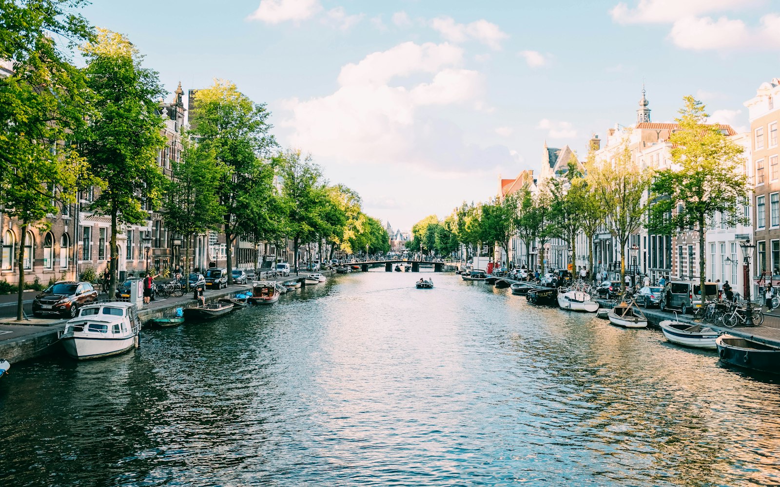 Amsterdam kanalı, ağaclar və qayıqlar — Niderland vizası